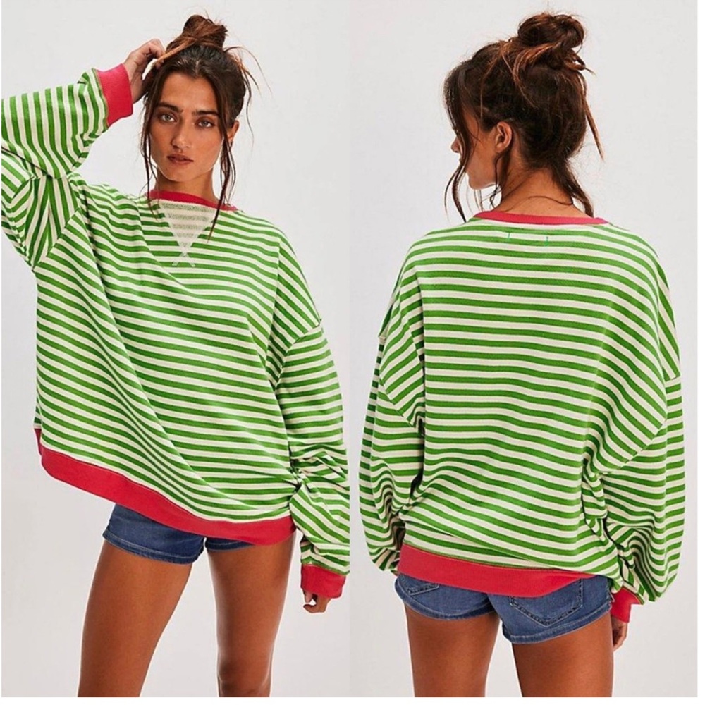 Free People Green and Red Striped Sweater
